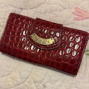 Vintage GUESS Red Croc-Embossed Continental Wallet with Gold Plaque